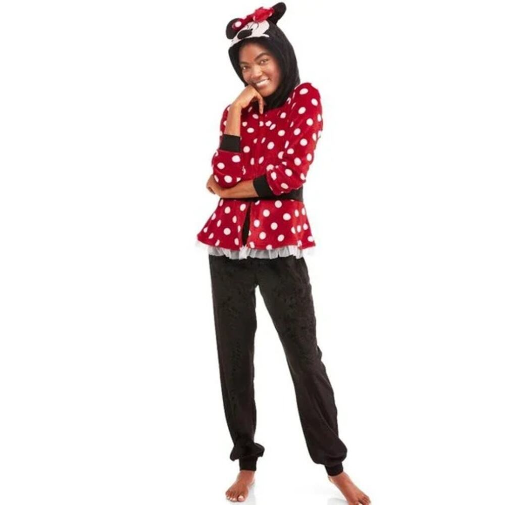 Disney Minnie Mouse Sleepwear One Piece Pajama Womens Red Black